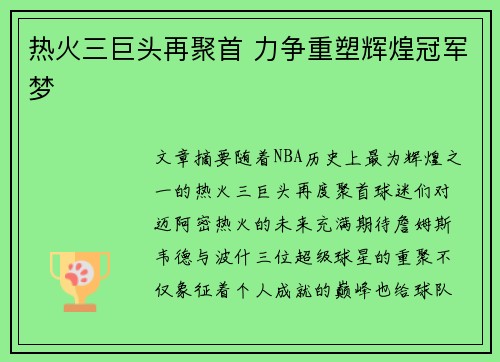 热火三巨头再聚首 力争重塑辉煌冠军梦